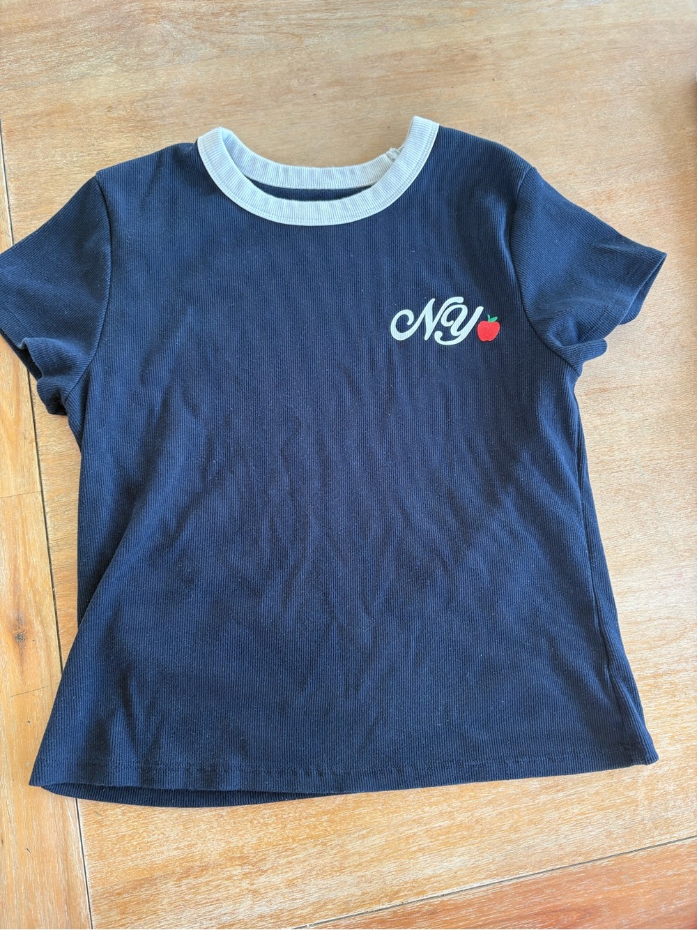 Old Navy Navy Tee with White Collar and Red Apple Accent